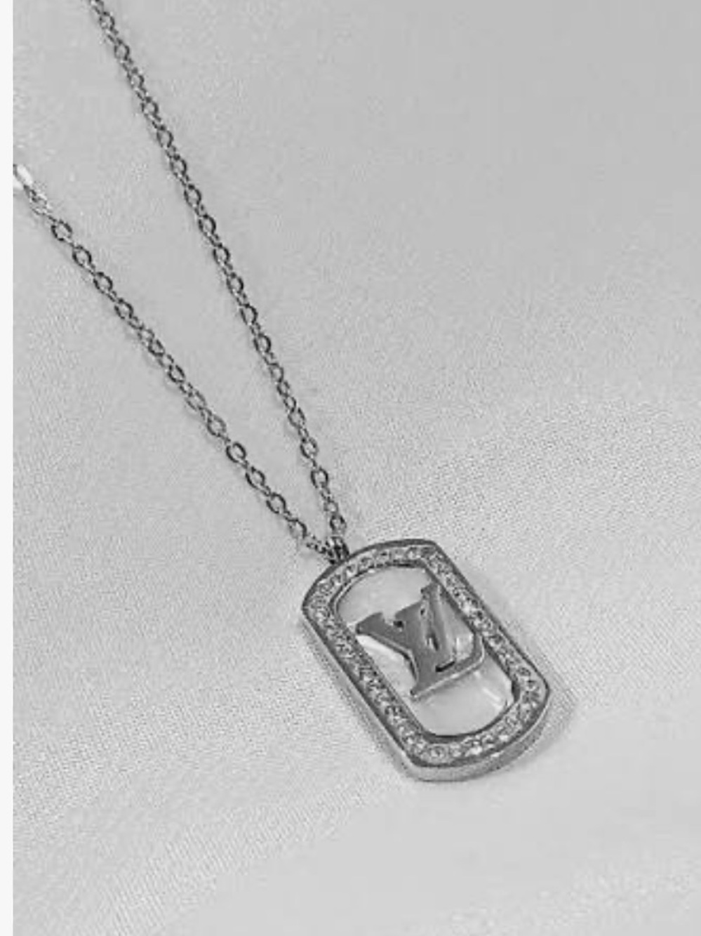Silver Crystal-Trim LV Pendant Necklace